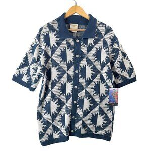 Massive Luxury Mens Crochet knit grandpa cardigan blue beach sz L